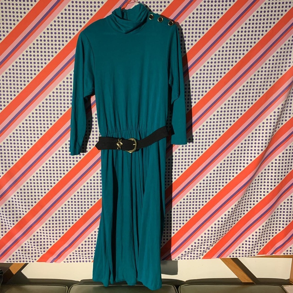 Stuart Alan Vintage 80s Teal Green Maxi Dress Gold Buttons Belted Womens 12